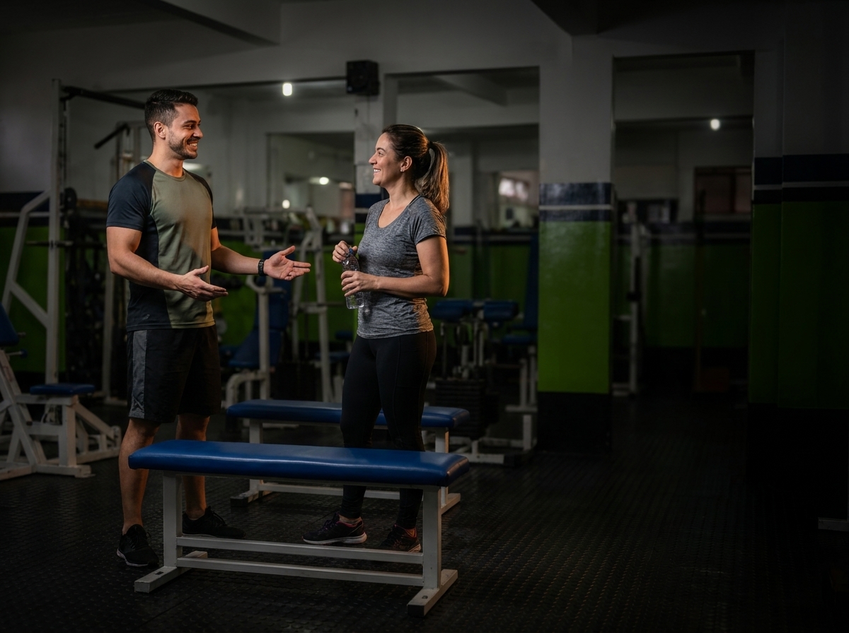 Professor conversando com aluna no salão de musculação